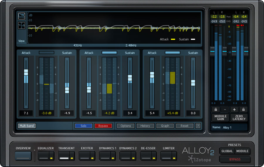 Get six powerful tools in one integrated plug-in: Equalizer, Dynamics, Exciter, De-Esser, Transient Shaper and Limiter.